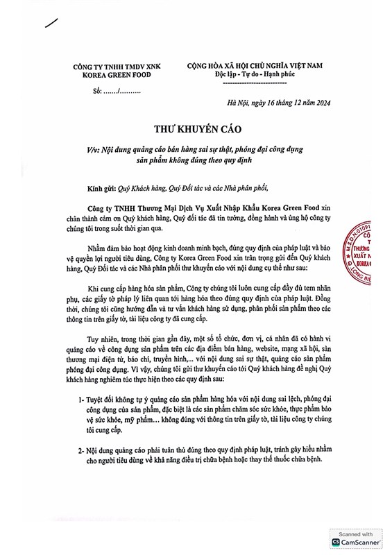 [THƯ KHUYẾN CÁO] Về việc quảng cáo nội dung bán hàng sai sự thật, phóng đại công dụng sản phẩm không đúng theo quy định