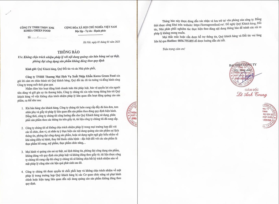 Thông Báo: Không Chịu Trách Nhiệm Pháp Lý Về Nội Dung Quảng Cáo Bán Hàng Sai Sự Thật, Phóng Đại Công Dụng Sản Phẩm Không Đúng Theo Quy Định