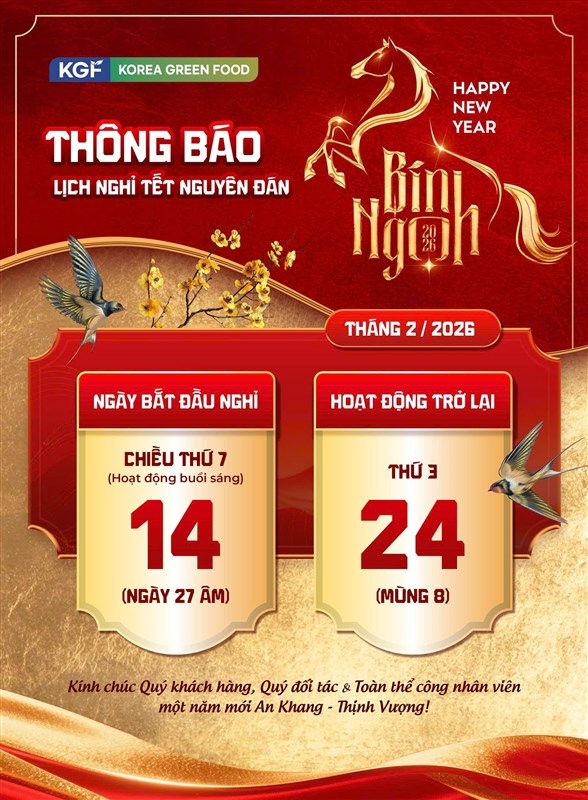 THÔNG BÁO LỊCH NGHỈ TẾT NGUYÊN ĐÁN BÍNH NGỌ 2026