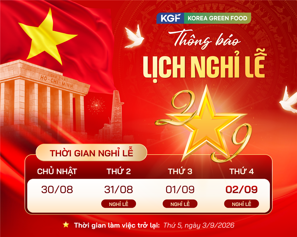 Thông Báo Lịch Nghỉ Lễ Quốc Khánh 02/09/2026 - Korea Green Food