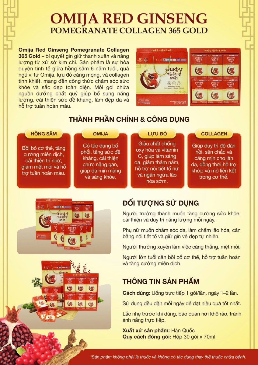 Thực phẩm bổ sung Omija Red Ginseng Pomegranate Collagen 365 Gold